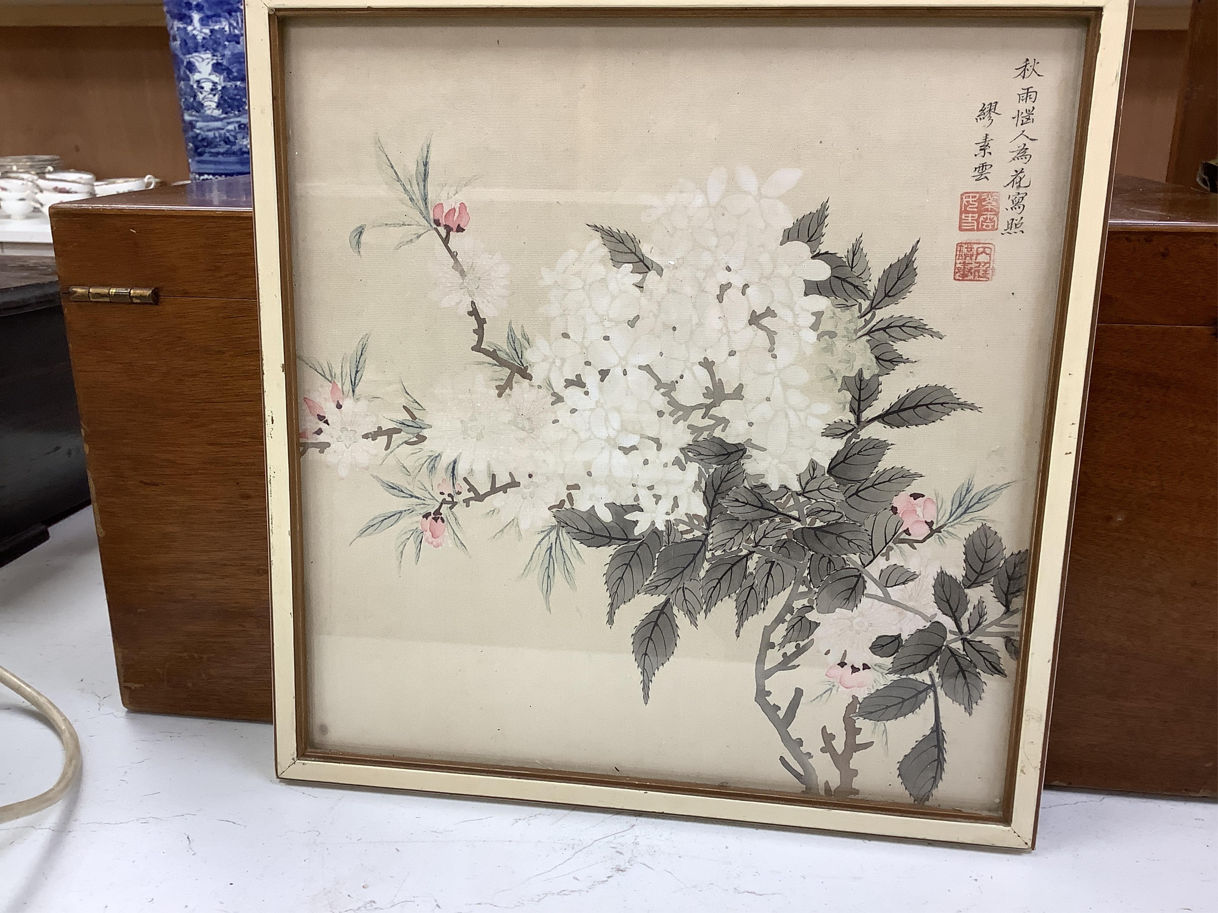 20th century, Japanese School, set of eight watercolours on silk, Flowers and insects, signed with character marks and red seal mark, 27 x 26cm. Condition - fair